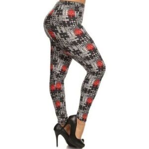 NWT -Curvy OS Leggings -  Black Red White Puzzle Pattern Full Length- Fits 12-18